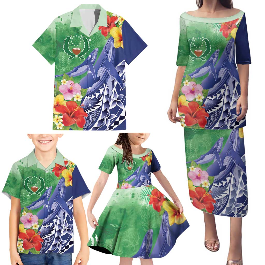 Personalised Pohnpei States Humpback Whale Family Matching Puletasi and Hawaiian Shirt Polynesian Tropical Flowers LT9 - Polynesian Pride