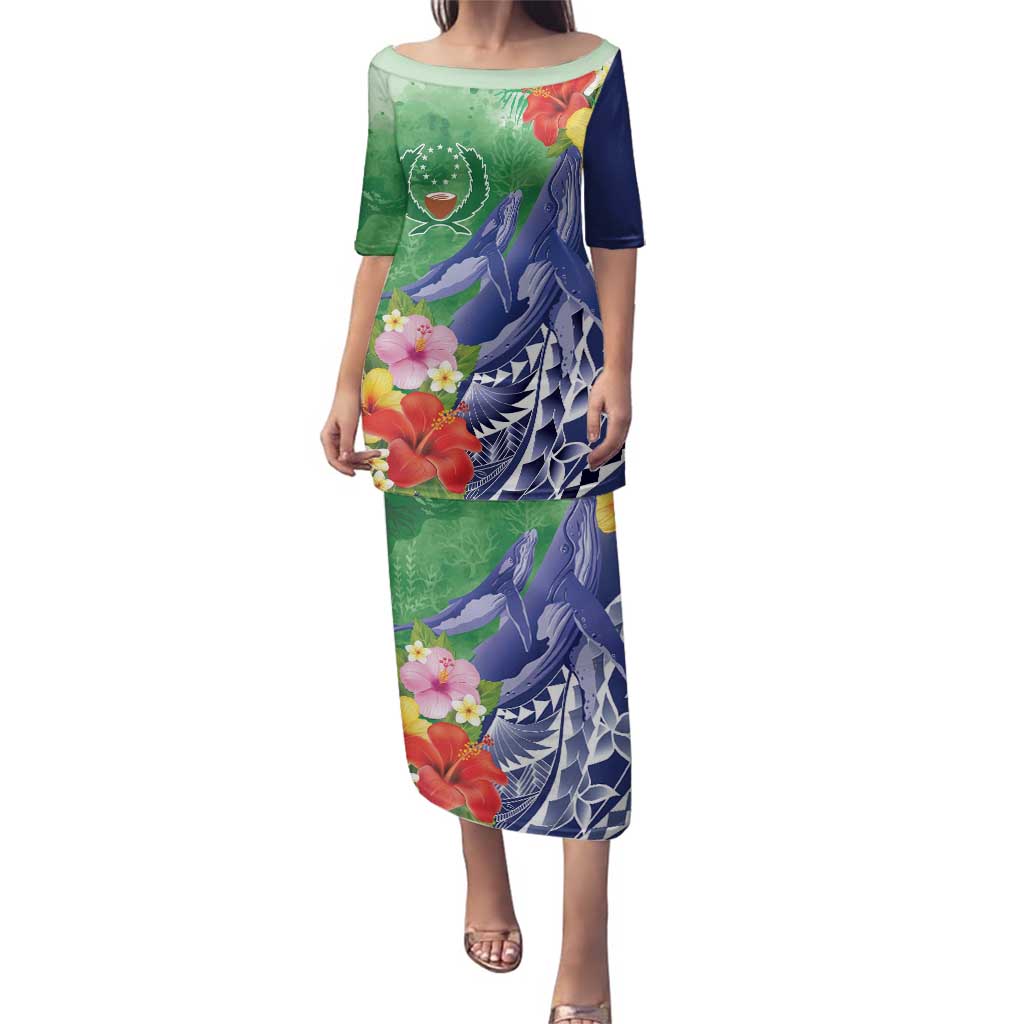 Personalised Pohnpei States Humpback Whale Family Matching Puletasi and Hawaiian Shirt Polynesian Tropical Flowers LT9 Mom's Dress Blue - Polynesian Pride