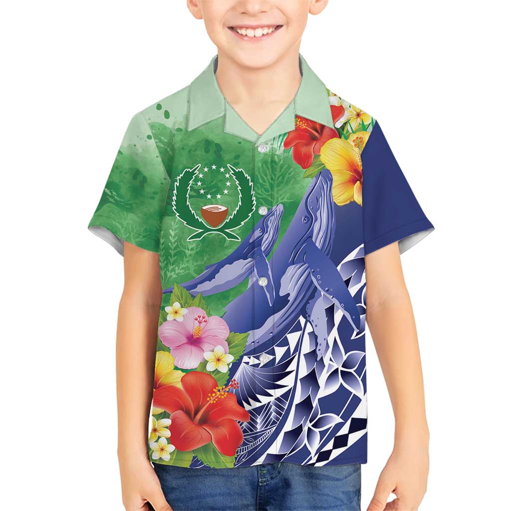 Personalised Pohnpei States Humpback Whale Family Matching Puletasi and Hawaiian Shirt Polynesian Tropical Flowers LT9 Son's Shirt Blue - Polynesian Pride