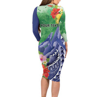 Personalised Pohnpei States Humpback Whale Long Sleeve Bodycon Dress Polynesian Tropical Flowers