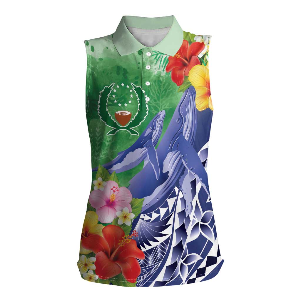 Personalised Pohnpei States Humpback Whale Women Sleeveless Polo Shirt Polynesian Tropical Flowers LT9 Female Blue - Polynesian Pride