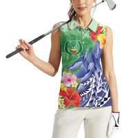 Personalised Pohnpei States Humpback Whale Women Sleeveless Polo Shirt Polynesian Tropical Flowers LT9 - Polynesian Pride
