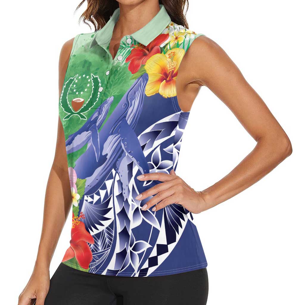 Personalised Pohnpei States Humpback Whale Women Sleeveless Polo Shirt Polynesian Tropical Flowers LT9 - Polynesian Pride
