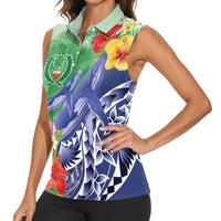 Personalised Pohnpei States Humpback Whale Women Sleeveless Polo Shirt Polynesian Tropical Flowers LT9 - Polynesian Pride
