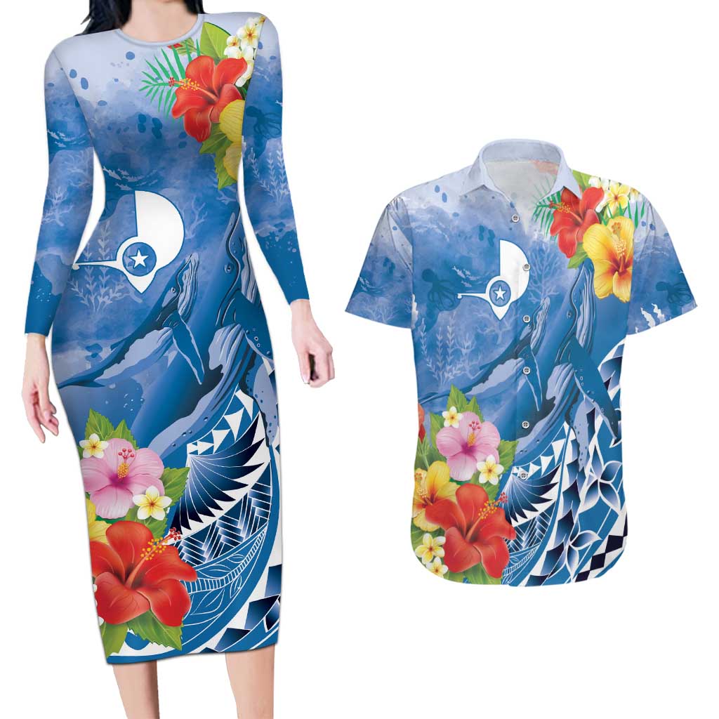 Personalised Yap States Humpback Whale Couples Matching Long Sleeve Bodycon Dress and Hawaiian Shirt Polynesian Tropical Flowers LT9 Blue - Polynesian Pride