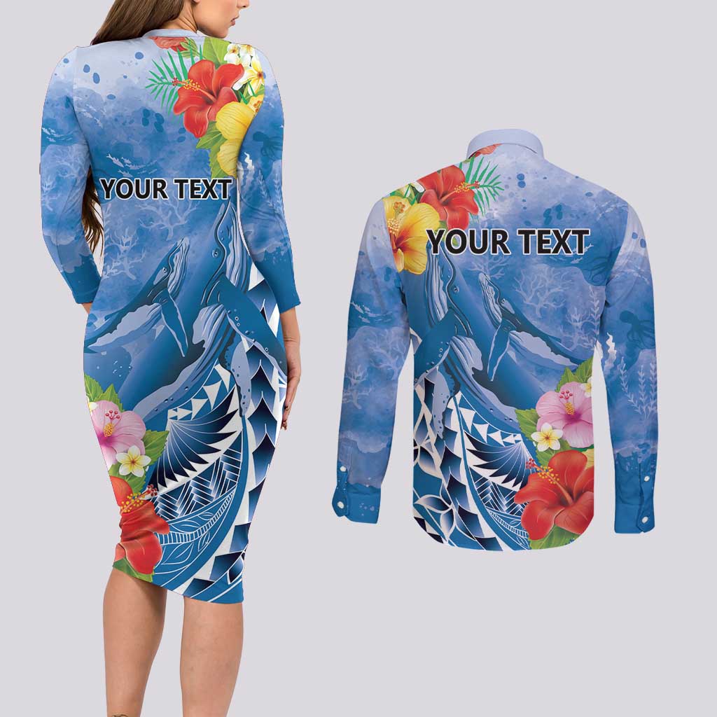 Personalised Yap States Humpback Whale Couples Matching Long Sleeve Bodycon Dress and Long Sleeve Button Shirt Polynesian Tropical Flowers LT9 - Polynesian Pride