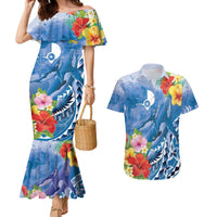 Personalised Yap States Humpback Whale Couples Matching Mermaid Dress and Hawaiian Shirt Polynesian Tropical Flowers LT9 Blue - Polynesian Pride