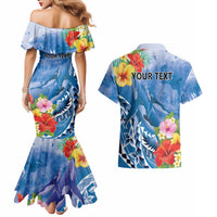 Personalised Yap States Humpback Whale Couples Matching Mermaid Dress and Hawaiian Shirt Polynesian Tropical Flowers LT9 - Polynesian Pride