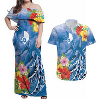 Personalised Yap States Humpback Whale Couples Matching Off Shoulder Maxi Dress and Hawaiian Shirt Polynesian Tropical Flowers LT9 Blue - Polynesian Pride