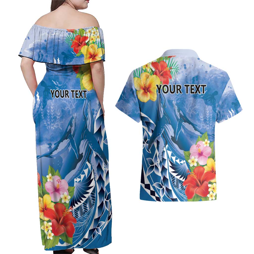 Personalised Yap States Humpback Whale Couples Matching Off Shoulder Maxi Dress and Hawaiian Shirt Polynesian Tropical Flowers LT9 - Polynesian Pride