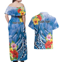 Personalised Yap States Humpback Whale Couples Matching Off Shoulder Maxi Dress and Hawaiian Shirt Polynesian Tropical Flowers LT9 - Polynesian Pride