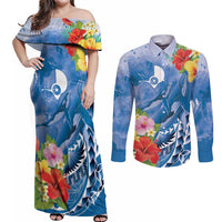 Personalised Yap States Humpback Whale Couples Matching Off Shoulder Maxi Dress and Long Sleeve Button Shirt Polynesian Tropical Flowers LT9 Blue - Polynesian Pride