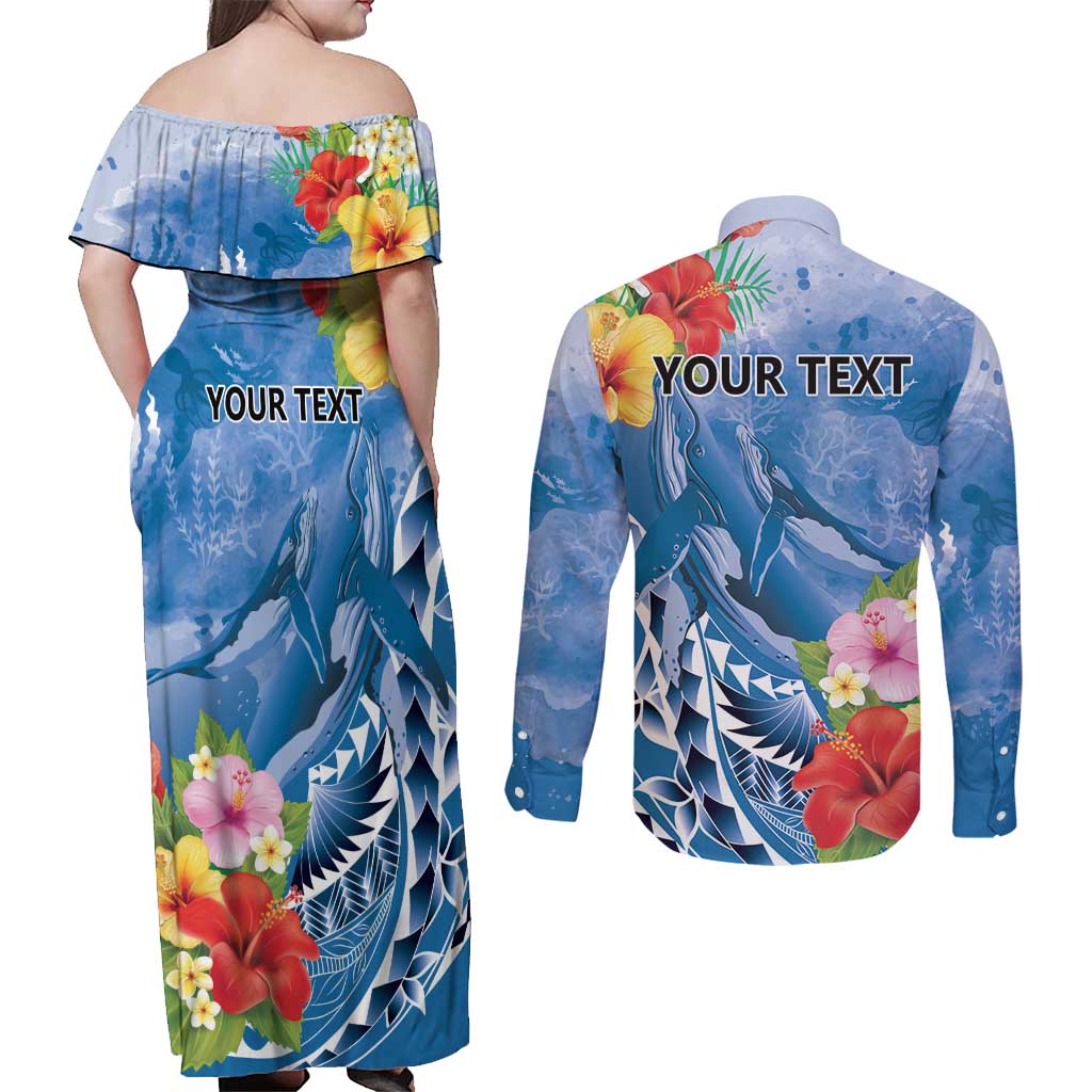 Personalised Yap States Humpback Whale Couples Matching Off Shoulder Maxi Dress and Long Sleeve Button Shirt Polynesian Tropical Flowers LT9 - Polynesian Pride