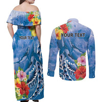 Personalised Yap States Humpback Whale Couples Matching Off Shoulder Maxi Dress and Long Sleeve Button Shirt Polynesian Tropical Flowers LT9 - Polynesian Pride