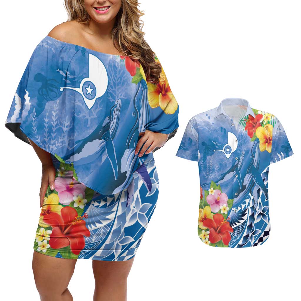 Personalised Yap States Humpback Whale Couples Matching Off Shoulder Short Dress and Hawaiian Shirt Polynesian Tropical Flowers LT9 Blue - Polynesian Pride