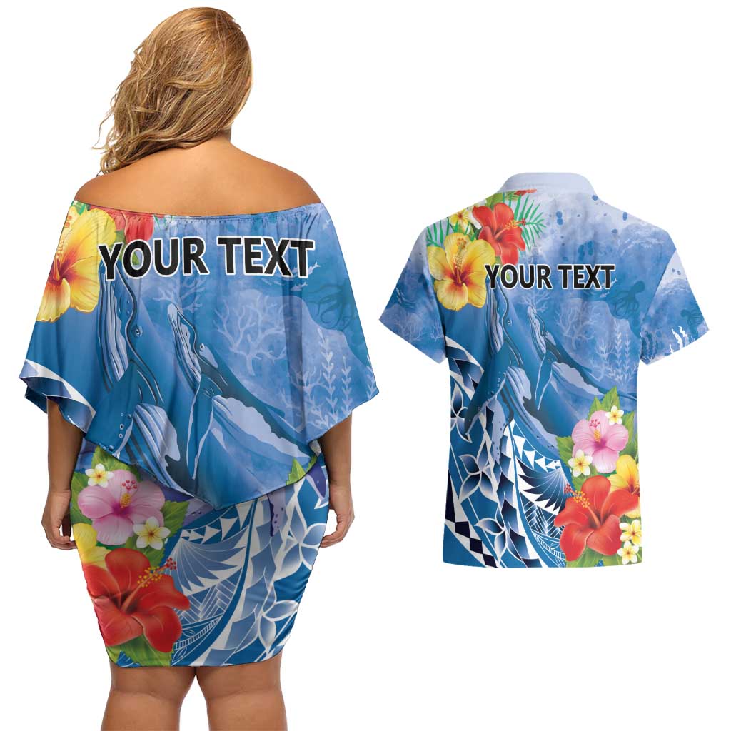 Personalised Yap States Humpback Whale Couples Matching Off Shoulder Short Dress and Hawaiian Shirt Polynesian Tropical Flowers LT9 - Polynesian Pride