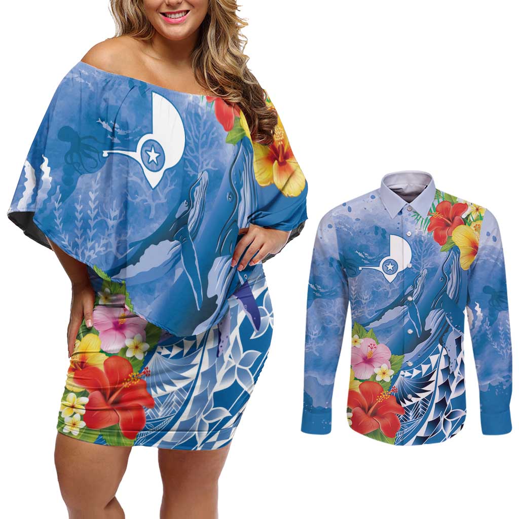 Personalised Yap States Humpback Whale Couples Matching Off Shoulder Short Dress and Long Sleeve Button Shirt Polynesian Tropical Flowers LT9 Blue - Polynesian Pride