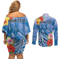Personalised Yap States Humpback Whale Couples Matching Off Shoulder Short Dress and Long Sleeve Button Shirt Polynesian Tropical Flowers LT9 - Polynesian Pride