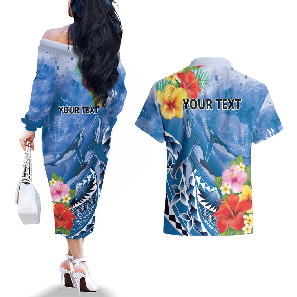 Personalised Yap States Humpback Whale Couples Matching Off The Shoulder Long Sleeve Dress and Hawaiian Shirt Polynesian Tropical Flowers LT9 - Polynesian Pride