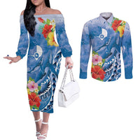 Personalised Yap States Humpback Whale Couples Matching Off The Shoulder Long Sleeve Dress and Long Sleeve Button Shirt Polynesian Tropical Flowers LT9 Blue - Polynesian Pride