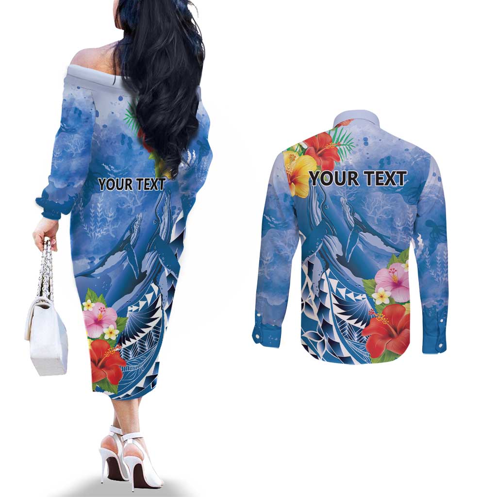 Personalised Yap States Humpback Whale Couples Matching Off The Shoulder Long Sleeve Dress and Long Sleeve Button Shirt Polynesian Tropical Flowers LT9 - Polynesian Pride