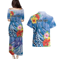Personalised Yap States Humpback Whale Couples Matching Puletasi and Hawaiian Shirt Polynesian Tropical Flowers LT9 - Polynesian Pride