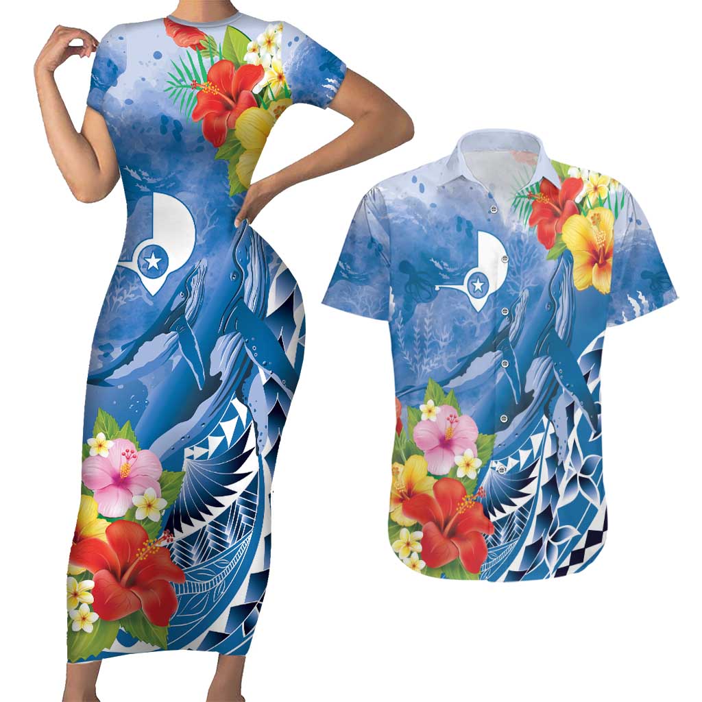 Personalised Yap States Humpback Whale Couples Matching Short Sleeve Bodycon Dress and Hawaiian Shirt Polynesian Tropical Flowers LT9 Blue - Polynesian Pride