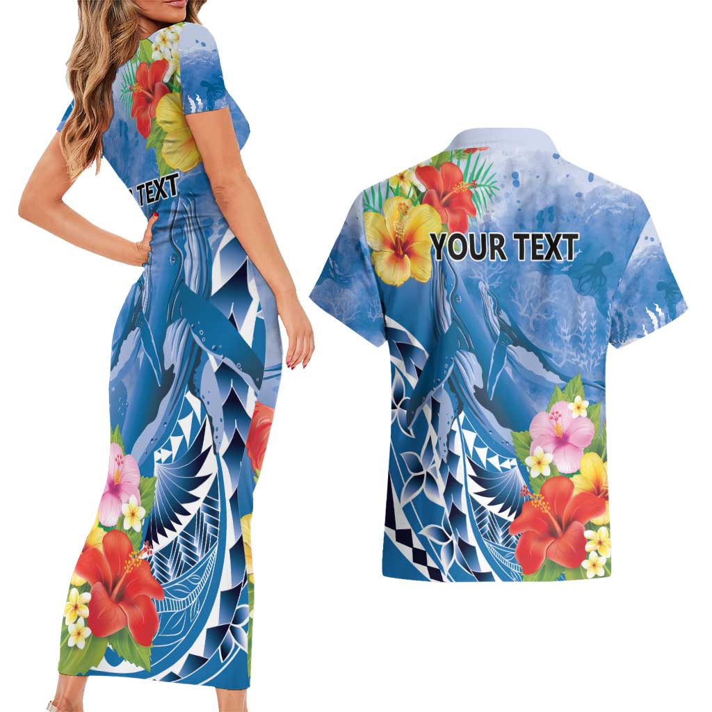 Personalised Yap States Humpback Whale Couples Matching Short Sleeve Bodycon Dress and Hawaiian Shirt Polynesian Tropical Flowers LT9 - Polynesian Pride