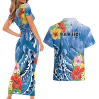 Personalised Yap States Humpback Whale Couples Matching Short Sleeve Bodycon Dress and Hawaiian Shirt Polynesian Tropical Flowers LT9 - Polynesian Pride