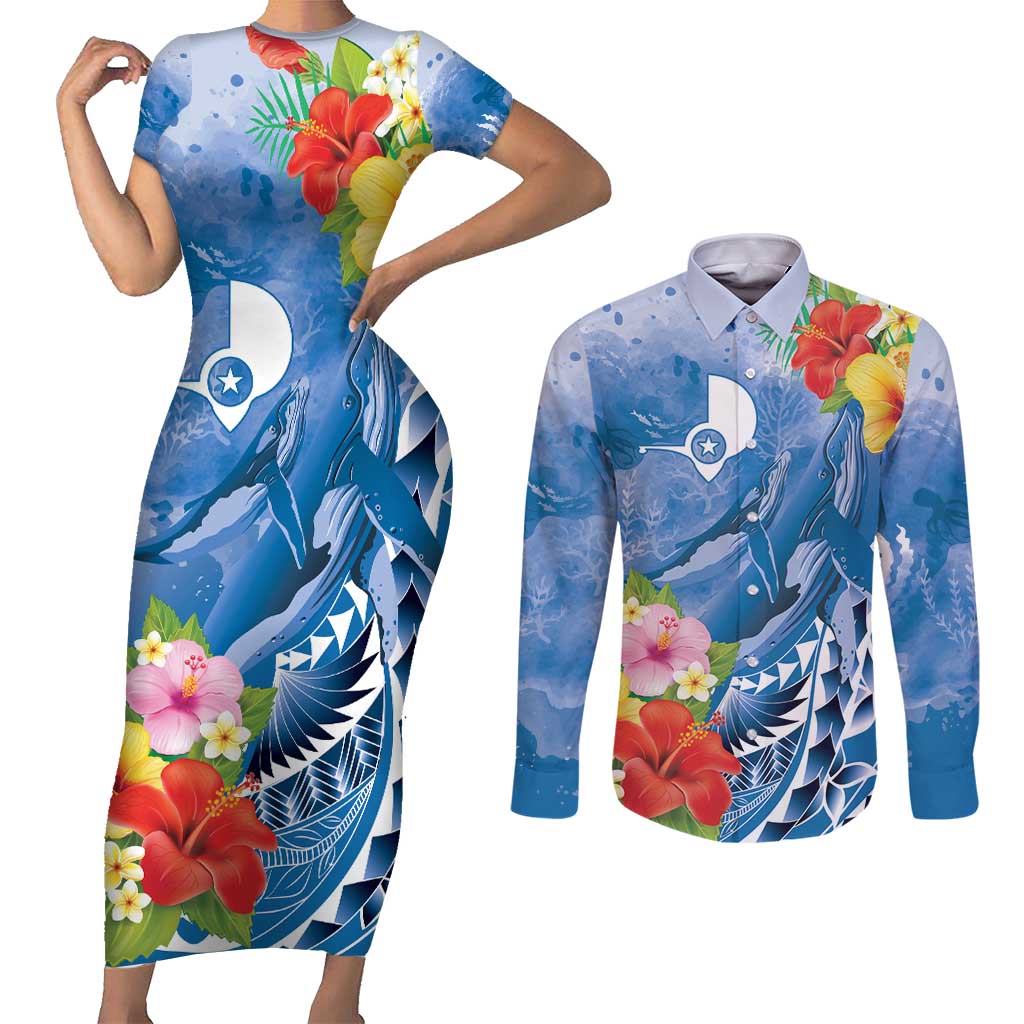 Personalised Yap States Humpback Whale Couples Matching Short Sleeve Bodycon Dress and Long Sleeve Button Shirt Polynesian Tropical Flowers LT9 Blue - Polynesian Pride