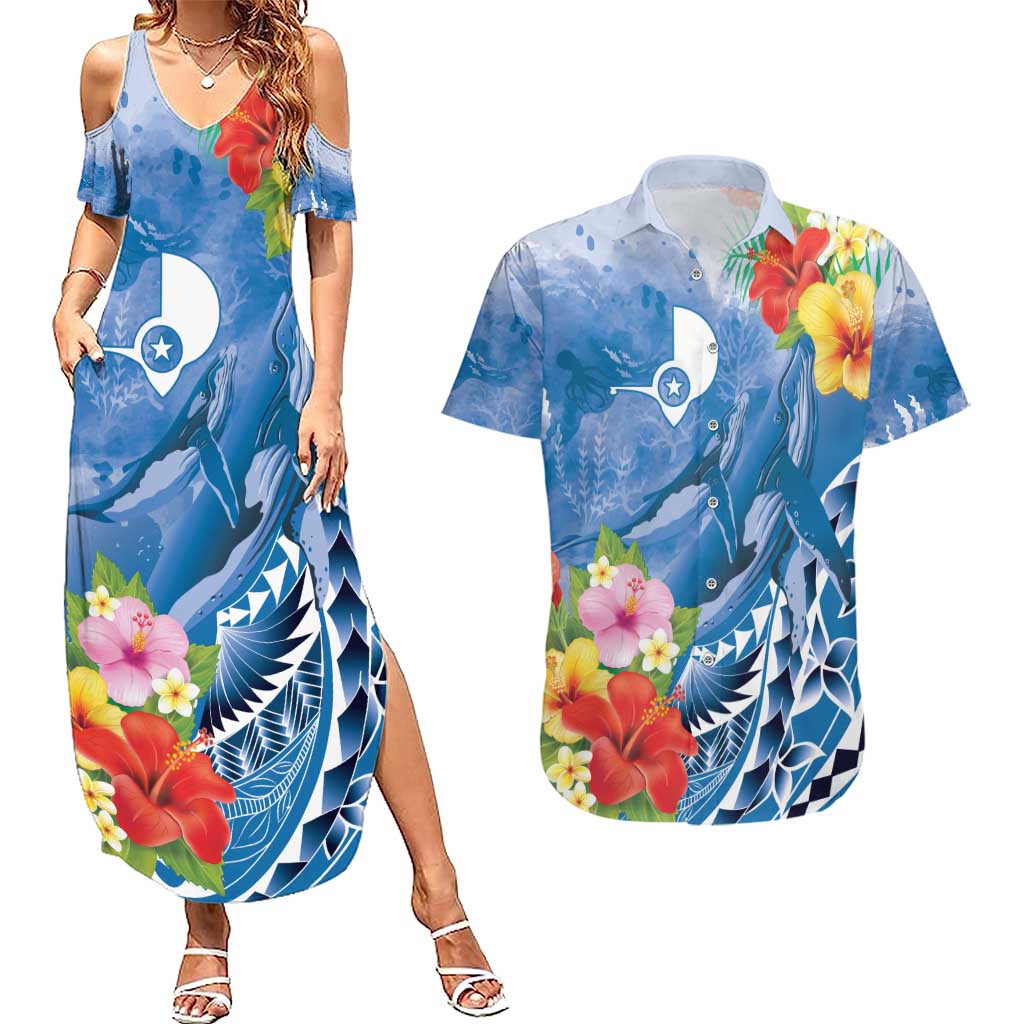 Personalised Yap States Humpback Whale Couples Matching Summer Maxi Dress and Hawaiian Shirt Polynesian Tropical Flowers LT9 Blue - Polynesian Pride