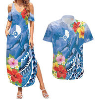 Personalised Yap States Humpback Whale Couples Matching Summer Maxi Dress and Hawaiian Shirt Polynesian Tropical Flowers LT9 Blue - Polynesian Pride