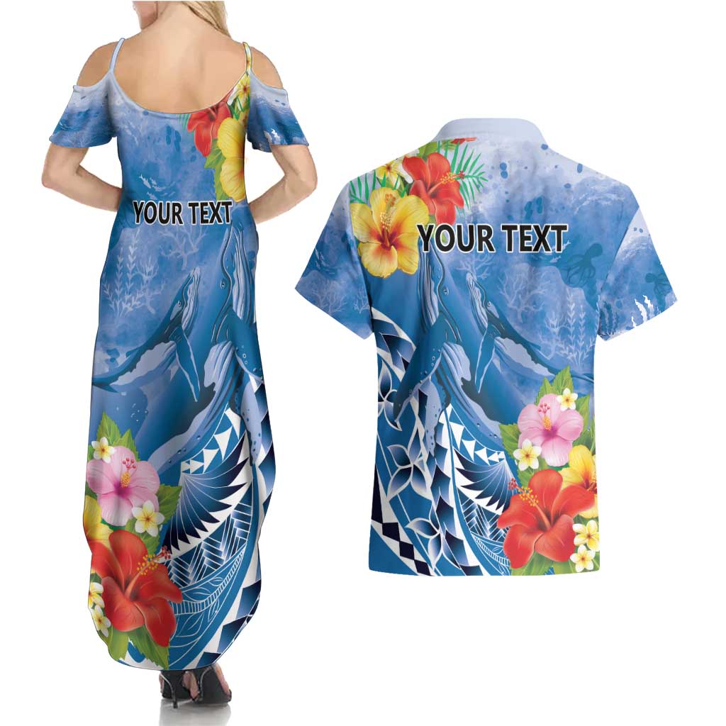 Personalised Yap States Humpback Whale Couples Matching Summer Maxi Dress and Hawaiian Shirt Polynesian Tropical Flowers LT9 - Polynesian Pride