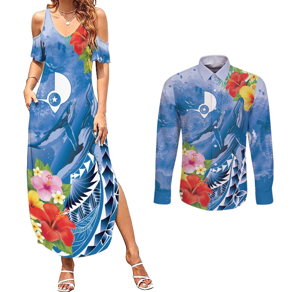 Personalised Yap States Humpback Whale Couples Matching Summer Maxi Dress and Long Sleeve Button Shirt Polynesian Tropical Flowers LT9 Blue - Polynesian Pride