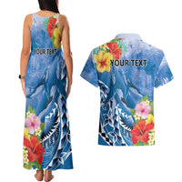 Personalised Yap States Humpback Whale Couples Matching Tank Maxi Dress and Hawaiian Shirt Polynesian Tropical Flowers LT9 - Polynesian Pride