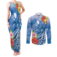 Personalised Yap States Humpback Whale Couples Matching Tank Maxi Dress and Long Sleeve Button Shirt Polynesian Tropical Flowers LT9 Blue - Polynesian Pride