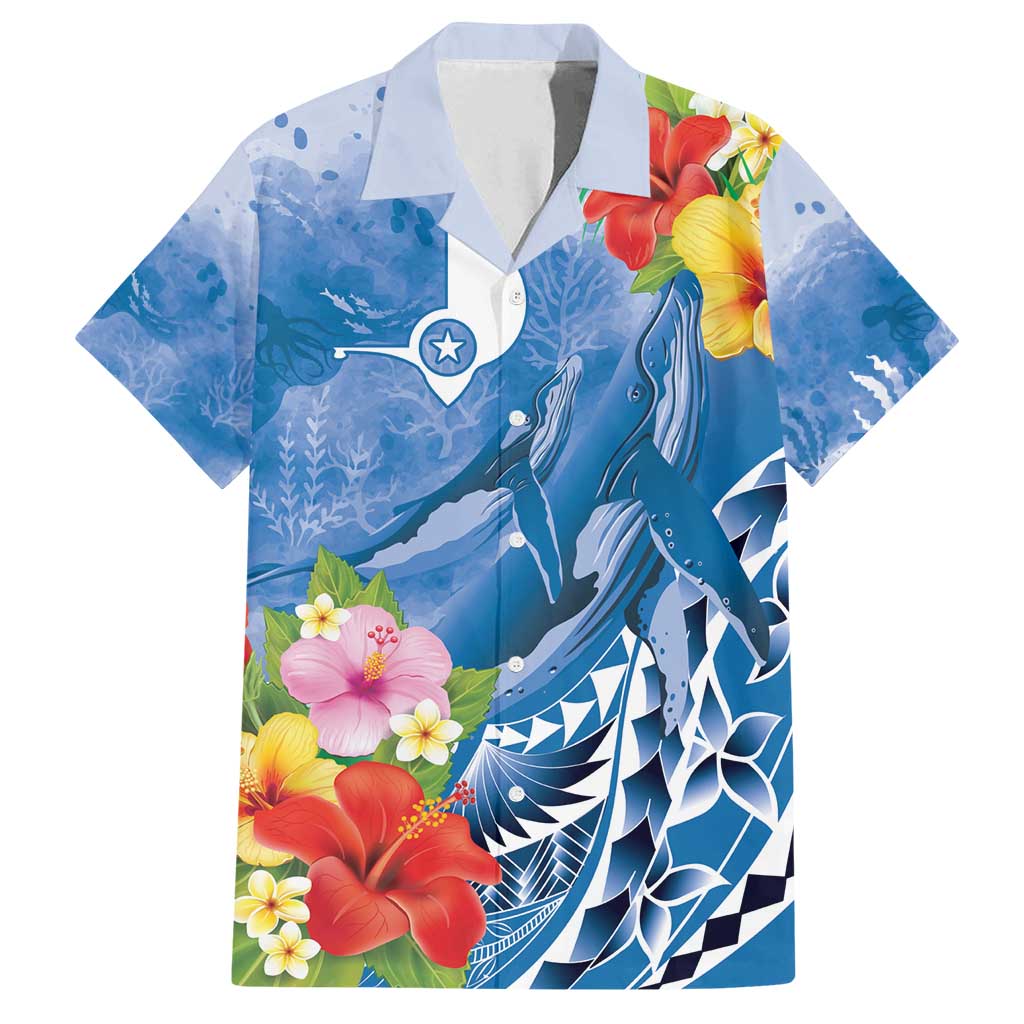 Personalised Yap States Humpback Whale Family Matching Long Sleeve Bodycon Dress and Hawaiian Shirt Polynesian Tropical Flowers LT9 Dad's Shirt - Short Sleeve Blue - Polynesian Pride