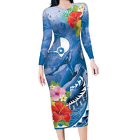 Personalised Yap States Humpback Whale Family Matching Long Sleeve Bodycon Dress and Hawaiian Shirt Polynesian Tropical Flowers LT9 Mom's Dress Blue - Polynesian Pride