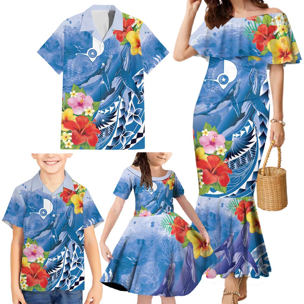 Personalised Yap States Humpback Whale Family Matching Mermaid Dress and Hawaiian Shirt Polynesian Tropical Flowers LT9 - Polynesian Pride