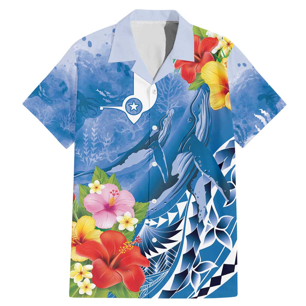 Personalised Yap States Humpback Whale Family Matching Mermaid Dress and Hawaiian Shirt Polynesian Tropical Flowers LT9 Dad's Shirt - Short Sleeve Blue - Polynesian Pride