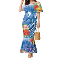 Personalised Yap States Humpback Whale Family Matching Mermaid Dress and Hawaiian Shirt Polynesian Tropical Flowers LT9 Mom's Dress Blue - Polynesian Pride