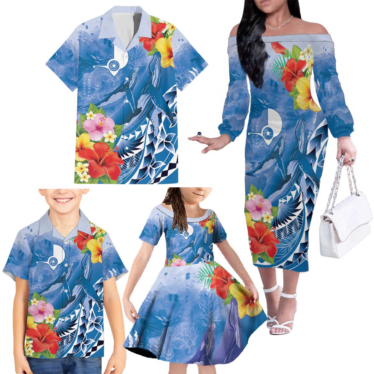 Personalised Yap States Humpback Whale Family Matching Off The Shoulder Long Sleeve Dress and Hawaiian Shirt Polynesian Tropical Flowers LT9 - Polynesian Pride