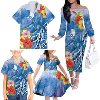 Personalised Yap States Humpback Whale Family Matching Off The Shoulder Long Sleeve Dress and Hawaiian Shirt Polynesian Tropical Flowers LT9 - Polynesian Pride