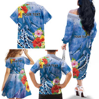 Personalised Yap States Humpback Whale Family Matching Off The Shoulder Long Sleeve Dress and Hawaiian Shirt Polynesian Tropical Flowers LT9 - Polynesian Pride