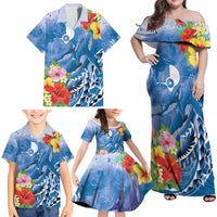Personalised Yap States Humpback Whale Family Matching Off Shoulder Maxi Dress and Hawaiian Shirt Polynesian Tropical Flowers LT9 - Polynesian Pride