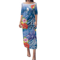 Personalised Yap States Humpback Whale Family Matching Puletasi and Hawaiian Shirt Polynesian Tropical Flowers LT9 Mom's Dress Blue - Polynesian Pride