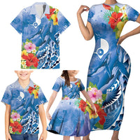 Personalised Yap States Humpback Whale Family Matching Short Sleeve Bodycon Dress and Hawaiian Shirt Polynesian Tropical Flowers LT9 - Polynesian Pride