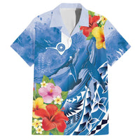 Personalised Yap States Humpback Whale Family Matching Short Sleeve Bodycon Dress and Hawaiian Shirt Polynesian Tropical Flowers LT9 Dad's Shirt - Short Sleeve Blue - Polynesian Pride