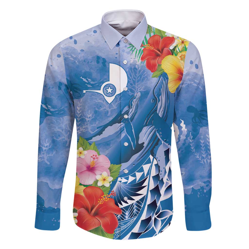 Personalised Yap States Humpback Whale Family Matching Short Sleeve Bodycon Dress and Hawaiian Shirt Polynesian Tropical Flowers LT9 Dad's Shirt - Long Sleeve Blue - Polynesian Pride