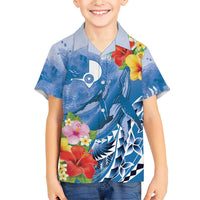 Personalised Yap States Humpback Whale Family Matching Short Sleeve Bodycon Dress and Hawaiian Shirt Polynesian Tropical Flowers LT9 Son's Shirt Blue - Polynesian Pride